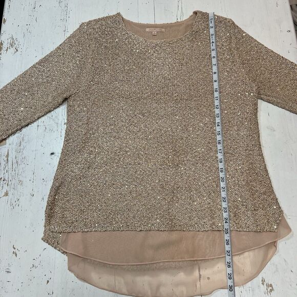 Gibson Latimer Sweater Blouse M Sparkle Rose Gold Layered Tunic Sequins Crochet - Picture 7 of 11